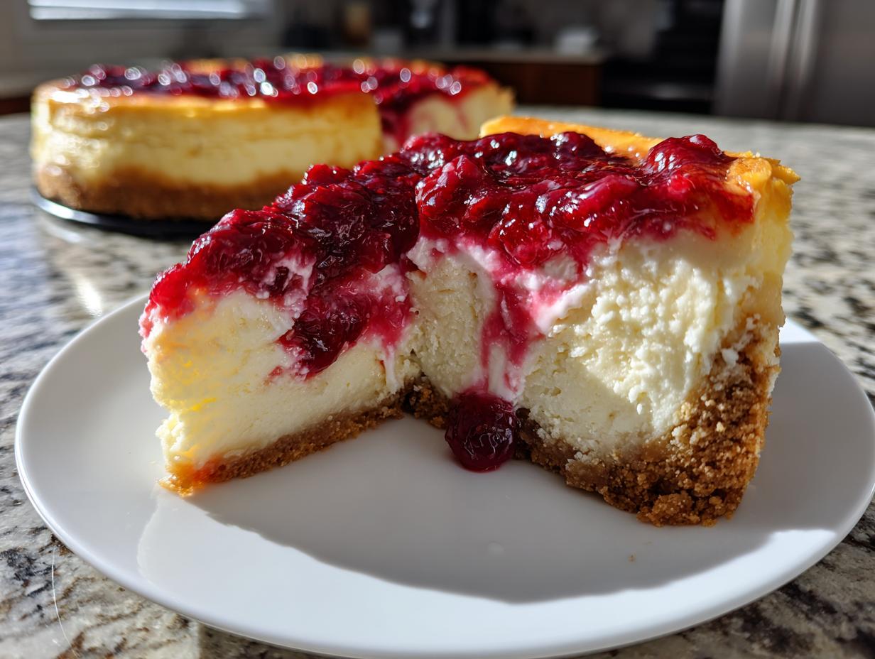 A close-up slice of creamy cranberry orange cheesecake with a bright red cranberry topping on a white plate.