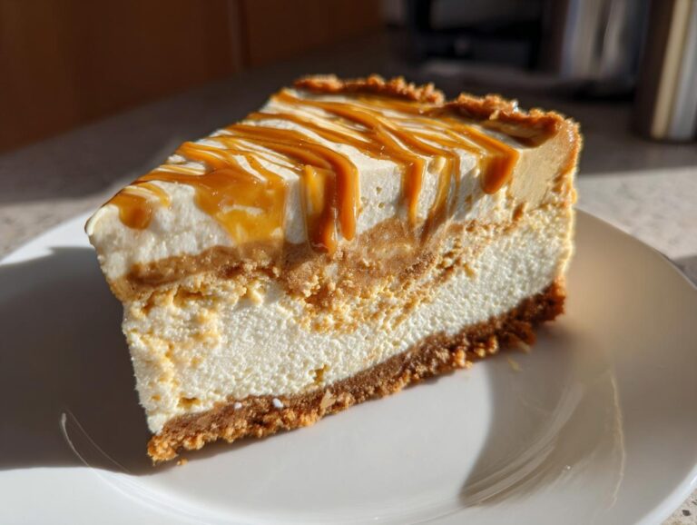 A perfect slice of creamy biscoff cheesecake with a thick crust, topped with caramel drizzle.