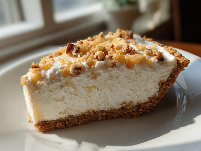 A close-up slice of creamy millionaire pie with a thick graham cracker crust and crunchy pecan topping.