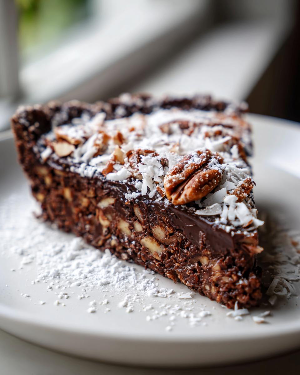 A decadent slice of German chocolate pie topped with pecans, coconut flakes, and powdered sugar.