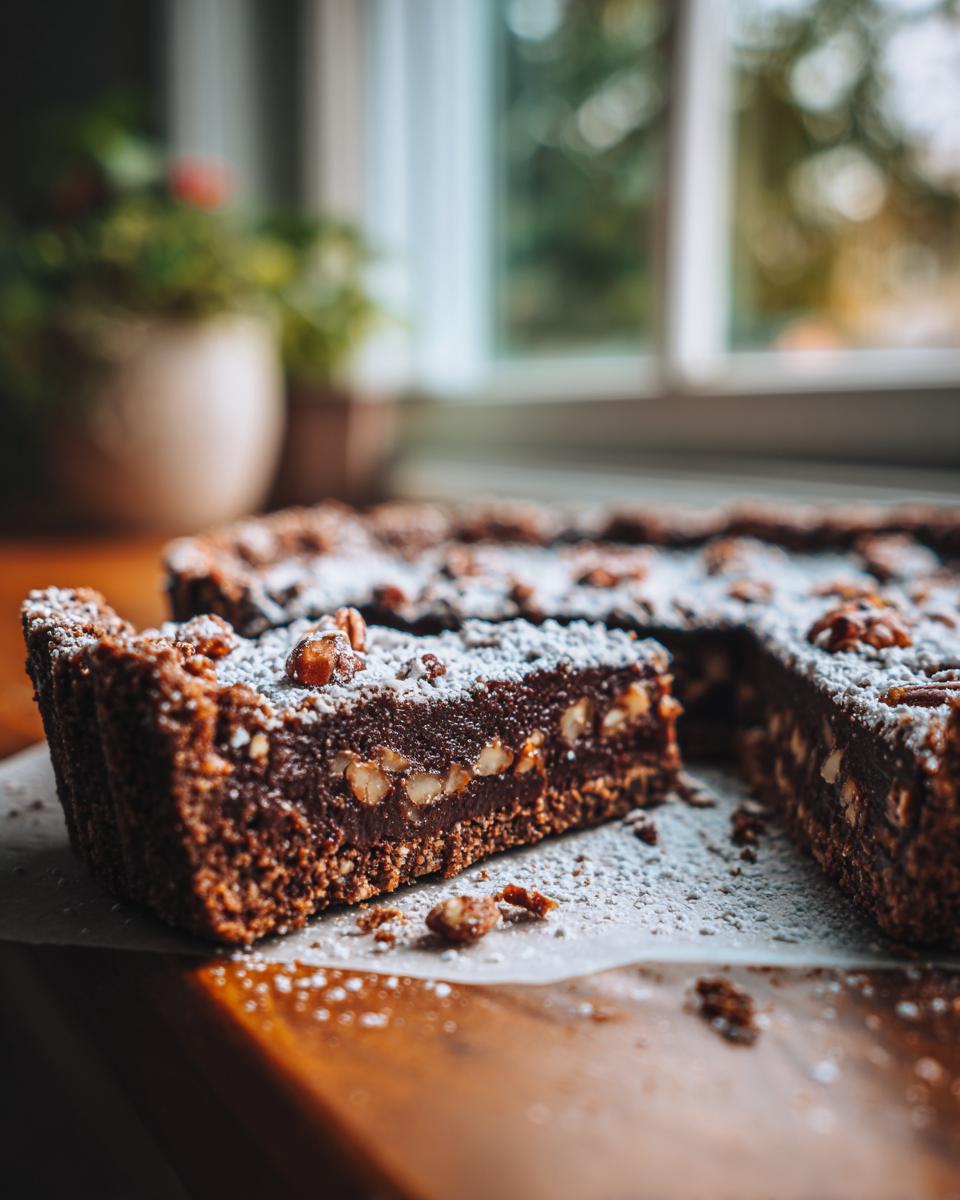 A close-up of a rich, dark slice of german chocolate pie, topped with powdered sugar and pecans.
