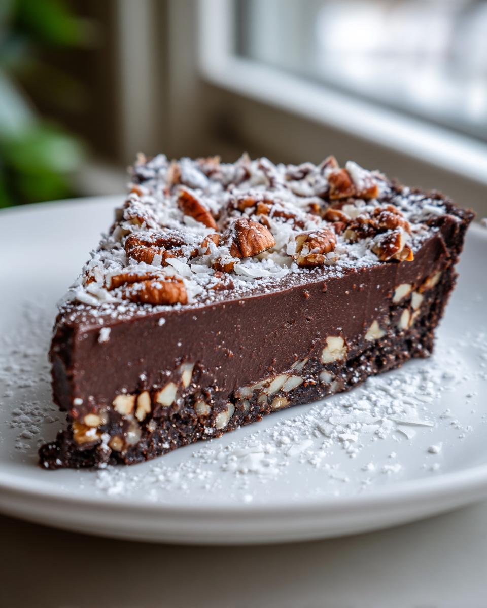 A decadent slice of german chocolate pie featuring a thick chocolate filling and nut crust, topped with pecans and powdered sugar.