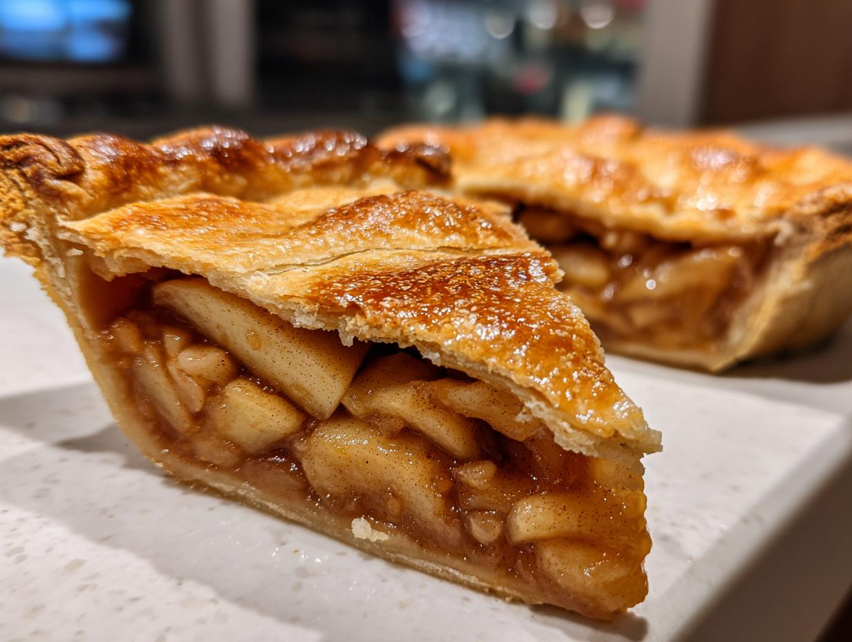 Close-up of a thick slice of homemade apple pie showing spiced apple filling and flaky golden crust.