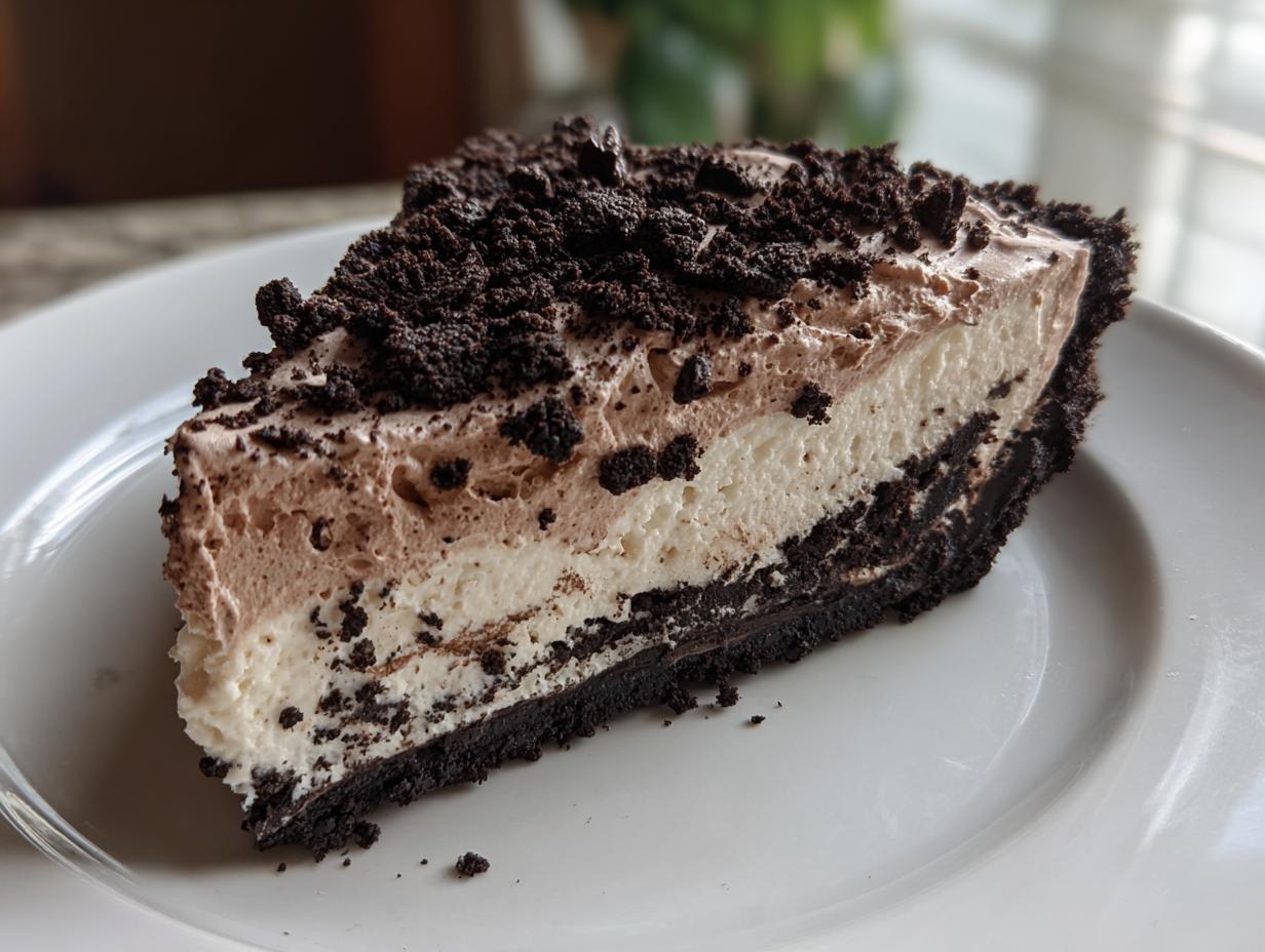 A thick slice of layered Oreo pie featuring a dark crust, white filling, chocolate filling, and crumbled topping.