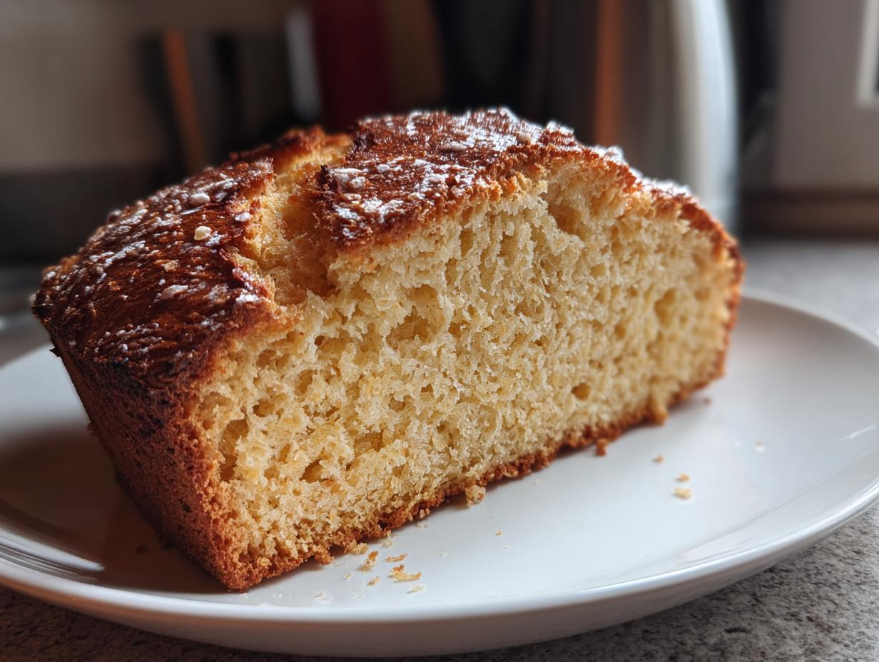 Close-up of a thick slice of golden brown soda bread showing its soft, airy interior texture.
