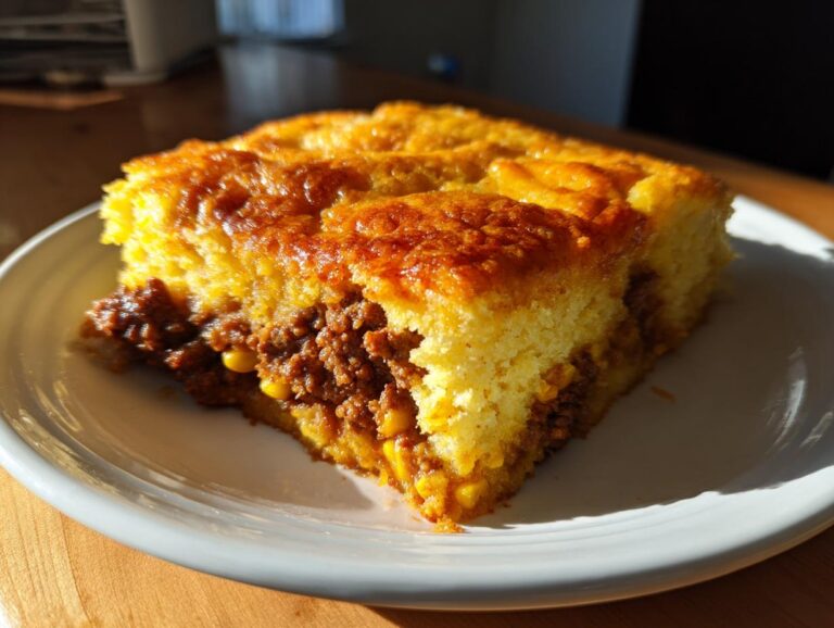 A close-up slice of tamale pie showing the savory ground meat filling and golden cornbread topping.