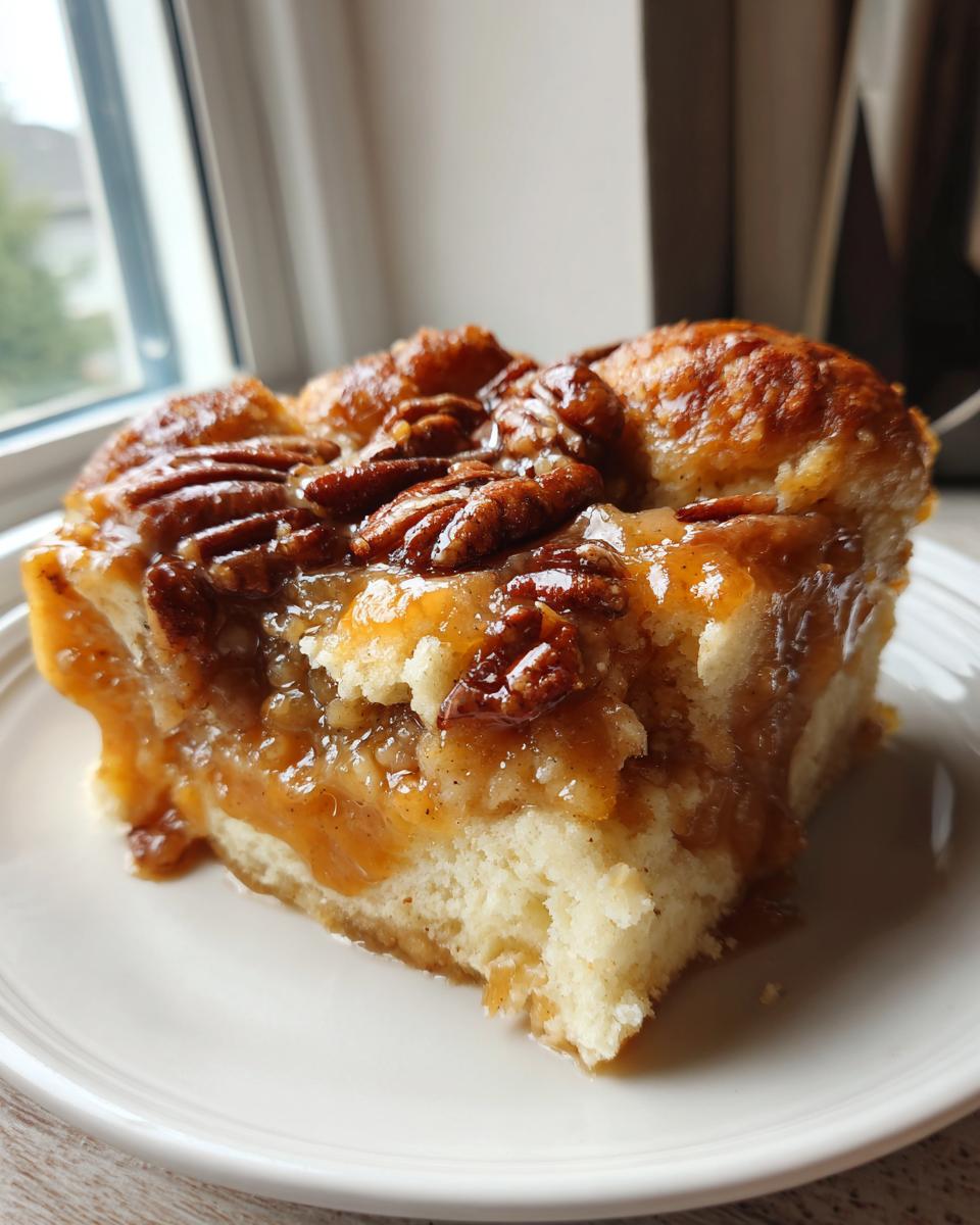A close-up of a square slice of pecan pie cobbler recipe, featuring a soft biscuit base topped with gooey caramel glaze and pecans.