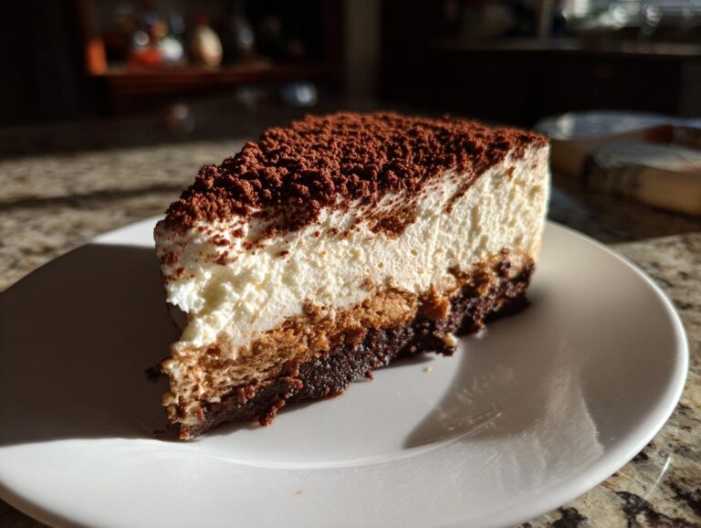 A perfect slice of tiramisu cheesecake showing layers of cream, coffee-soaked biscuits, and a dark base, dusted heavily with cocoa powder.