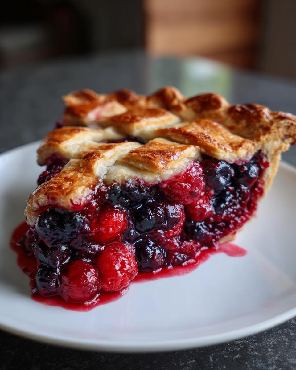 A close-up of a thick slice of triple berry pie showing juicy mixed berries and a golden lattice crust.