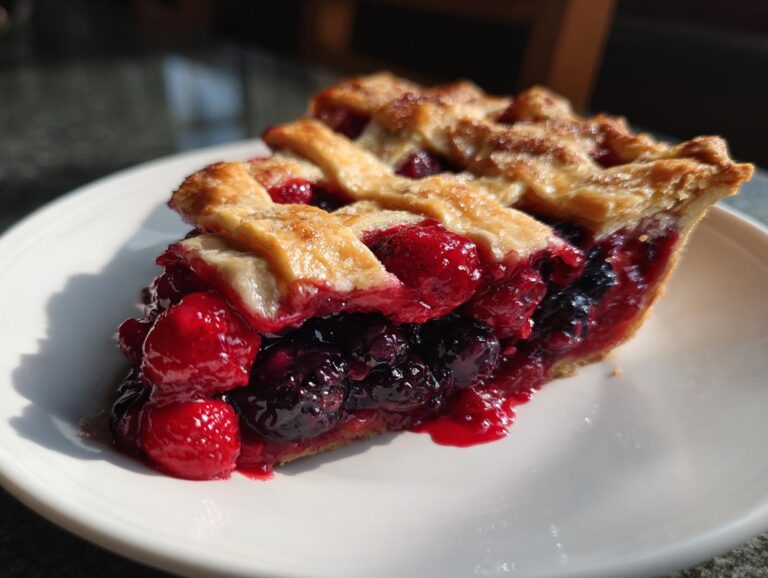 A close-up slice of triple berry pie showing juicy mixed berries and a golden lattice crust.