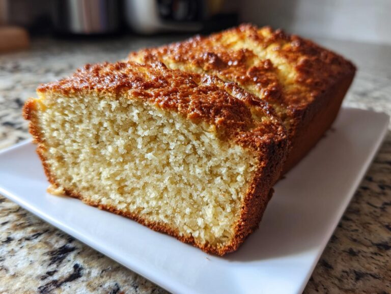 A close-up of a freshly baked, golden-brown loaf of beer bread, sliced to show the moist, light interior texture.