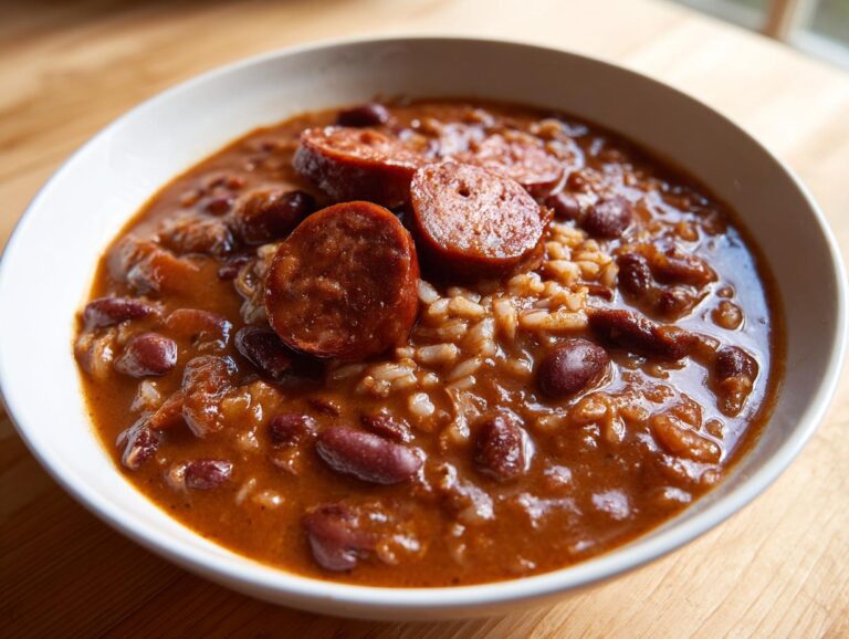 Close-up of a white bowl filled with rich, savory slow cooker red beans and rice topped with slices of smoked sausage.