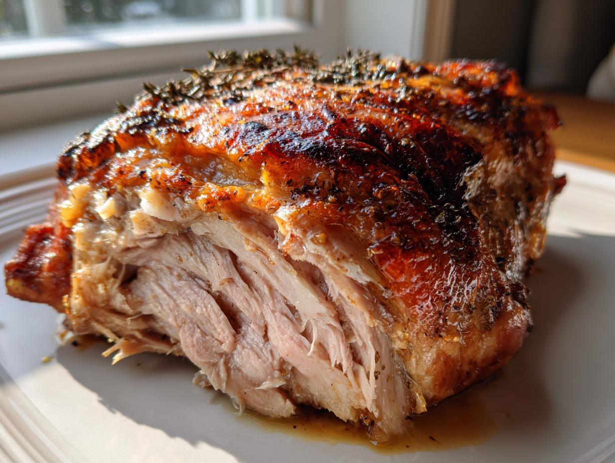 Close-up of a juicy, shredded slow cooker turkey breast with a deeply browned, herbed crust sitting on a white plate.