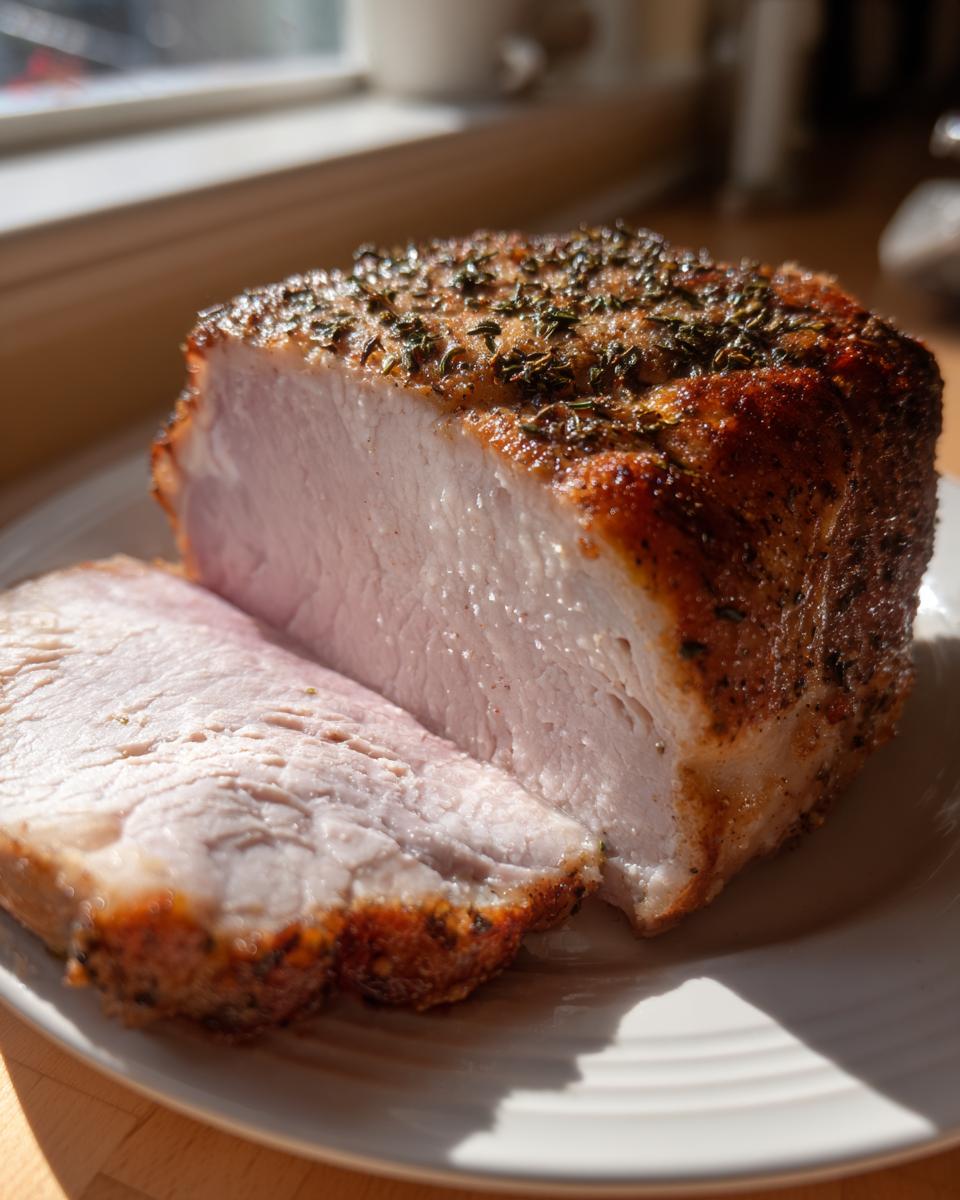 A thick slice cut from a seasoned slow cooker turkey breast, showing moist white meat and a browned herb crust.