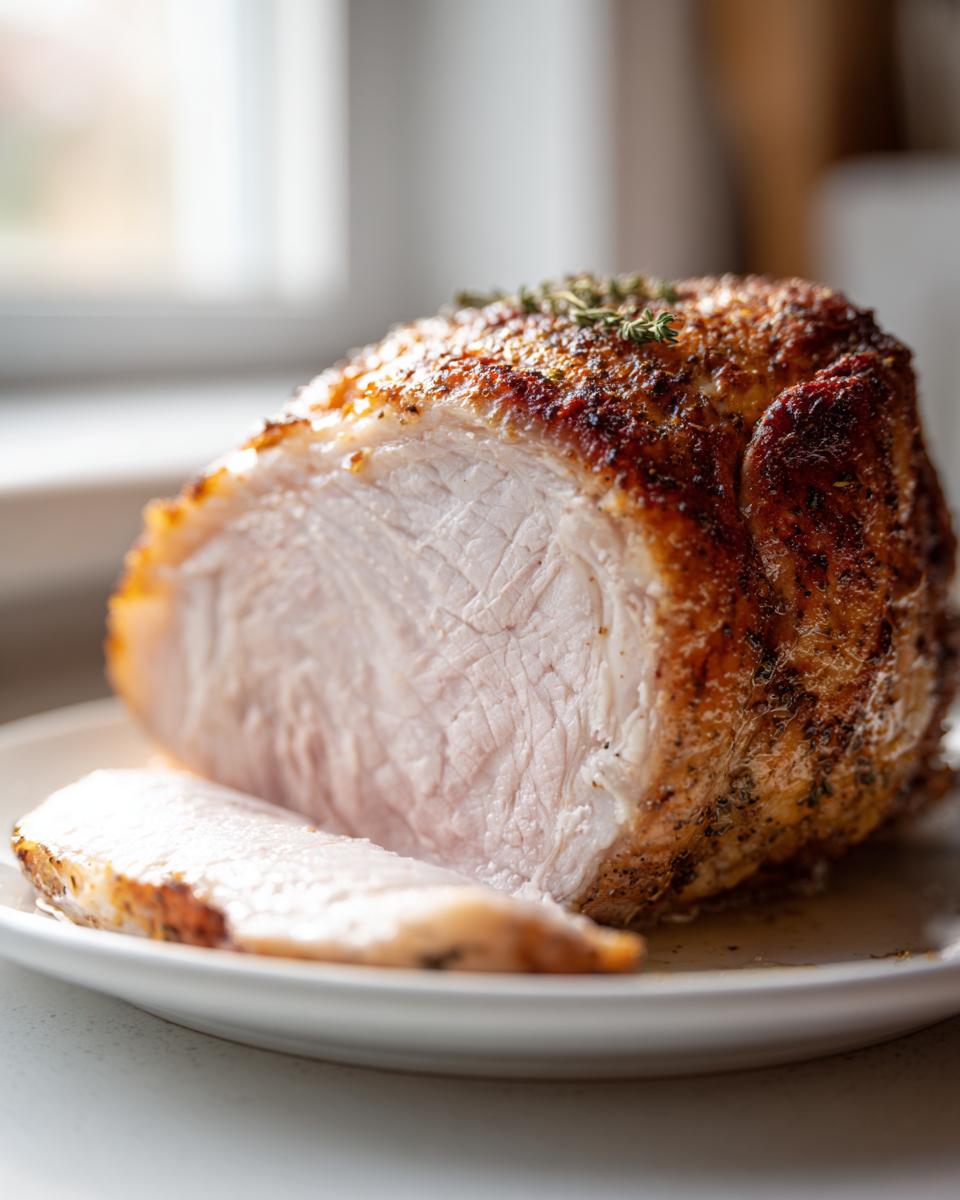 A cross-section of a perfectly cooked slow cooker turkey breast, showing moist white meat and a seasoned, browned exterior.