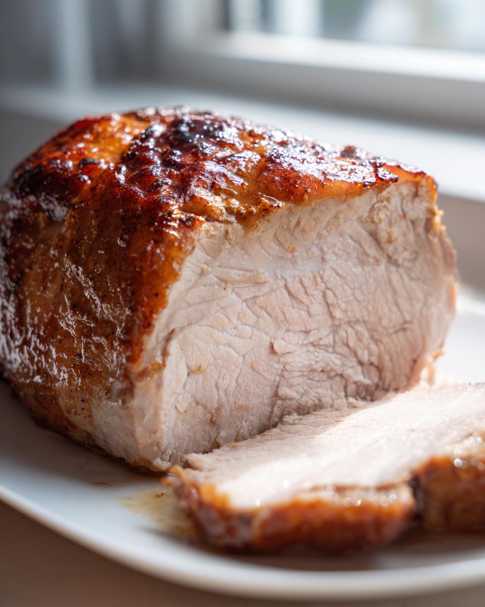 A close-up of a sliced slow cooker turkey breast showing moist white meat and a beautifully browned, glazed exterior.