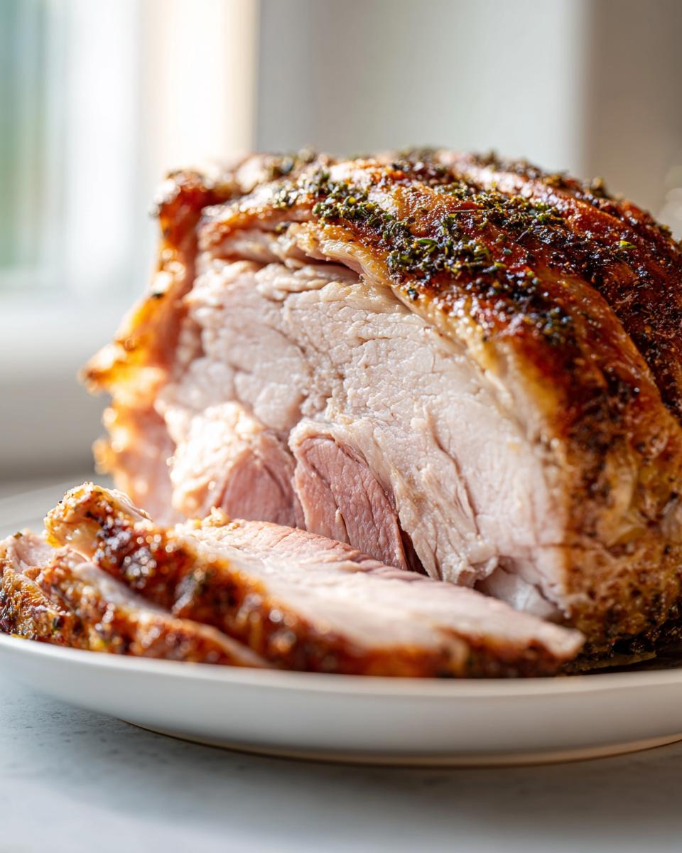 Close-up of a perfectly cooked slow cooker turkey breast, sliced to show juicy interior and herb crust.
