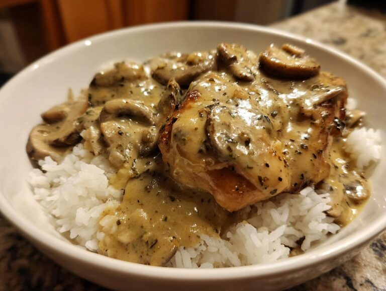 A close-up of smothered chicken and rice topped with creamy mushroom gravy in a white bowl.