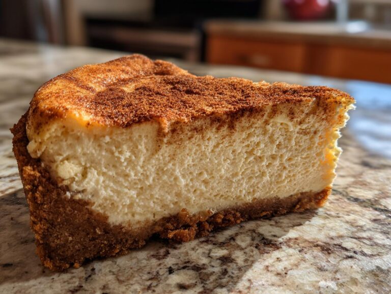 A close-up slice of rich snickerdoodle cheesecake showing a thick, creamy filling and a cinnamon-sugar dusted top.