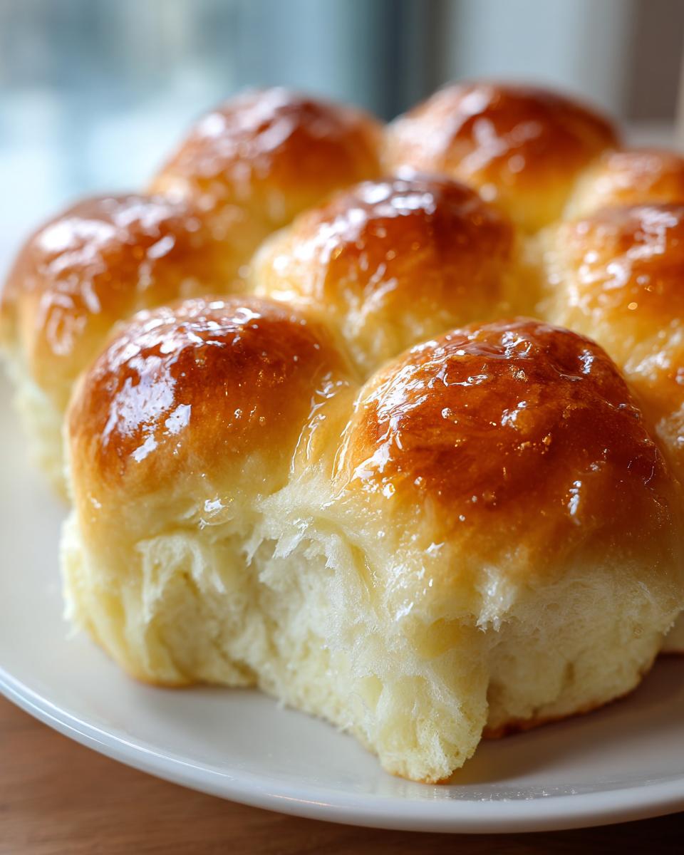 A cluster of soft, golden brown buttery rolls, glistening with a sweet glaze, one roll pulled apart showing the fluffy interior.