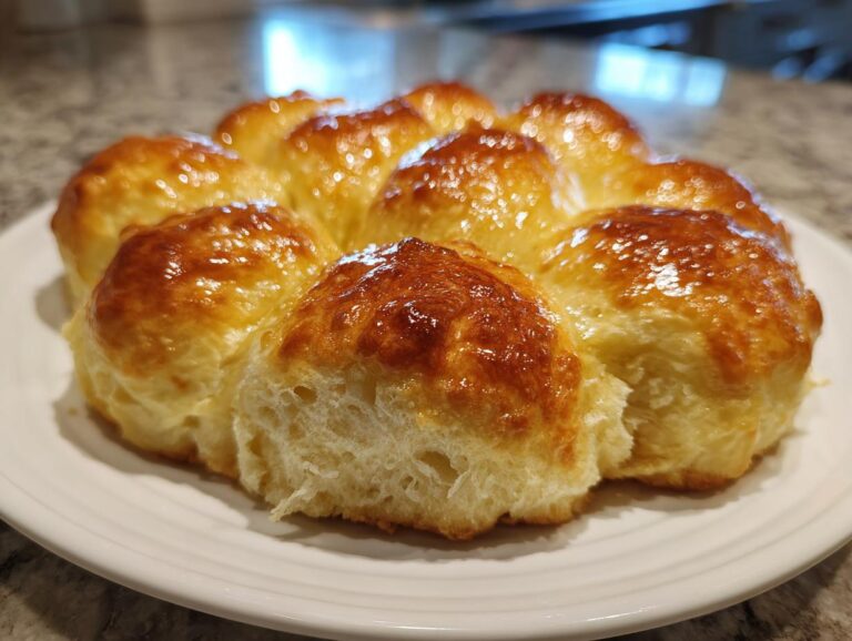 A cluster of freshly baked, soft, buttery rolls with a shiny, golden-brown glaze, sitting on a white plate.