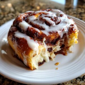 A close-up, tempting shot of a soft cinnamon bun drizzled with thick white icing, resting on a white plate.
