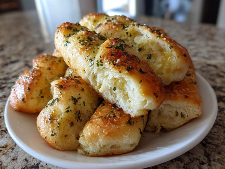 A close-up of soft, golden garlic breadsticks, brushed with butter and herbs, piled high on a white plate.