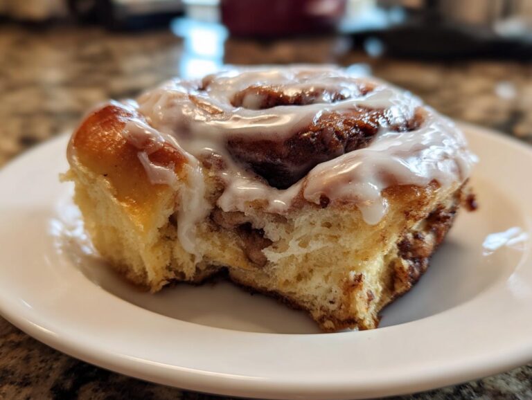 A close-up of a single, soft, iced cinnamon bun with a bite taken out, resting on a white plate.