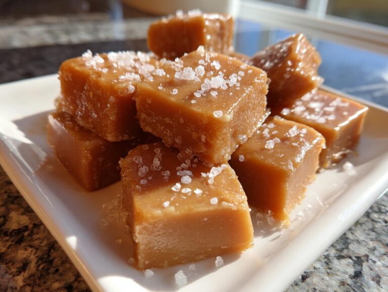 A close-up of several soft caramels sprinkled with coarse sea salt, piled on a white rectangular dish.