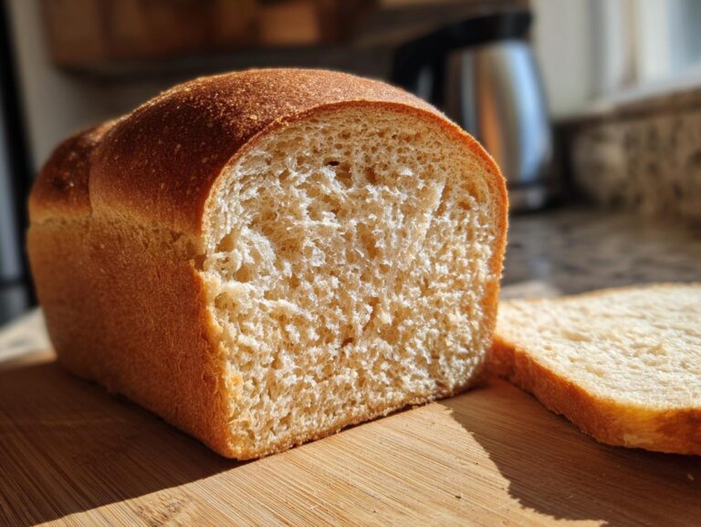 Close-up of a freshly baked, soft whole wheat bread loaf cut in half, showing the fluffy interior crumb.