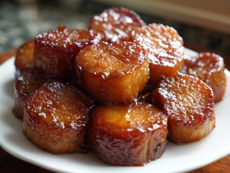 A close-up of thick, round slices of southern candied yams coated in a rich, shiny brown glaze, served on a white plate.