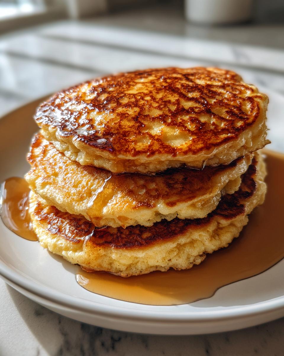 Close-up of a stack of three golden brown coconut flour pancakes drizzled with maple syrup on a white plate.