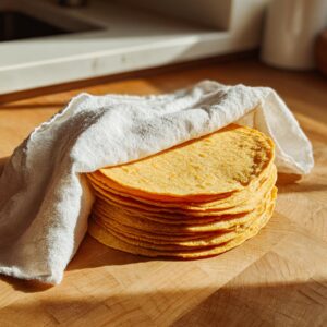 A warm stack of freshly made yellow corn tortillas covered partially by a white cloth on a wooden surface.