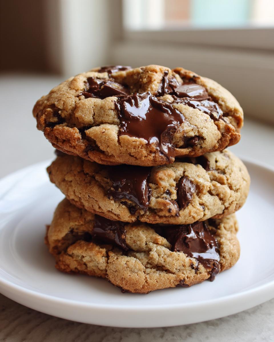 A stack of three thick, gooey vegan chocolate chip cookies with melted chocolate on a white plate.