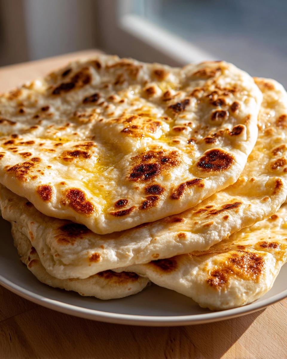 A stack of three fluffy, golden homemade naan bread pieces, brushed with butter and showing charred spots.