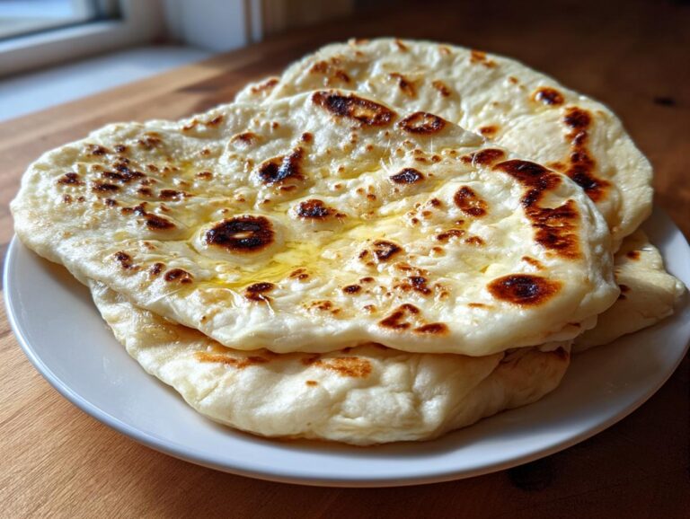 Close-up of a stack of freshly made homemade naan bread, brushed with melted butter and showing charred bubbles.