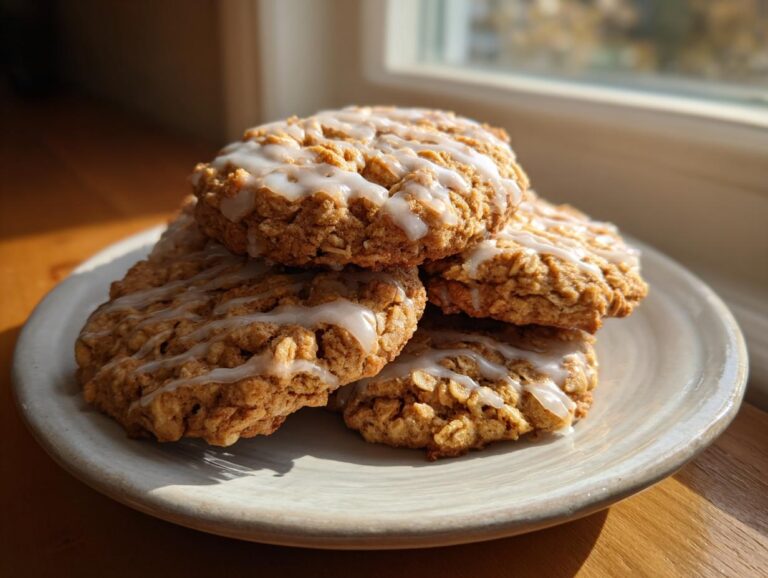 A stack of four delicious iced oatmeal cookies drizzled with white glaze, resting on a light ceramic plate.