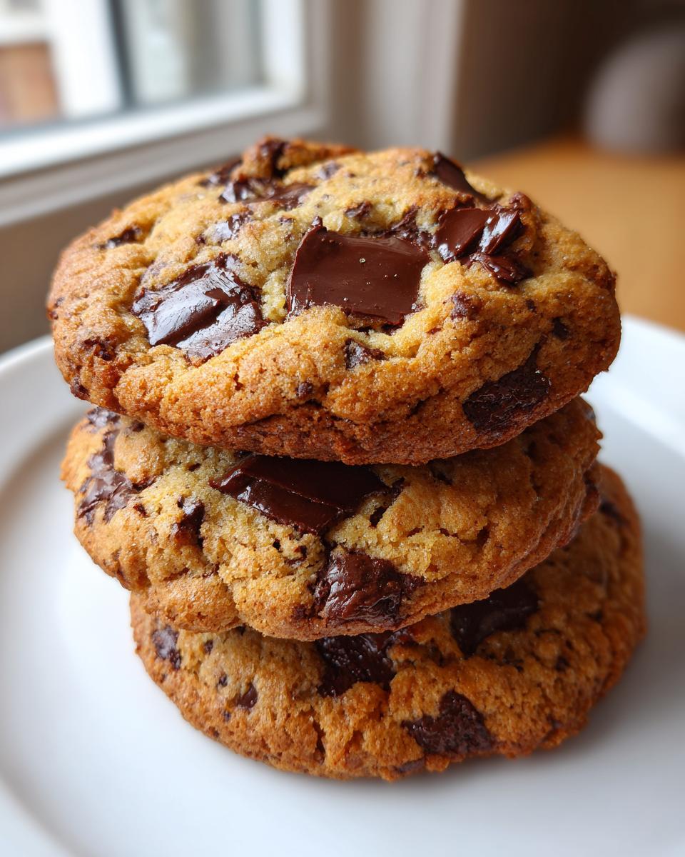 A stack of three thick, golden vegan chocolate chip cookies loaded with melted chocolate chunks.
