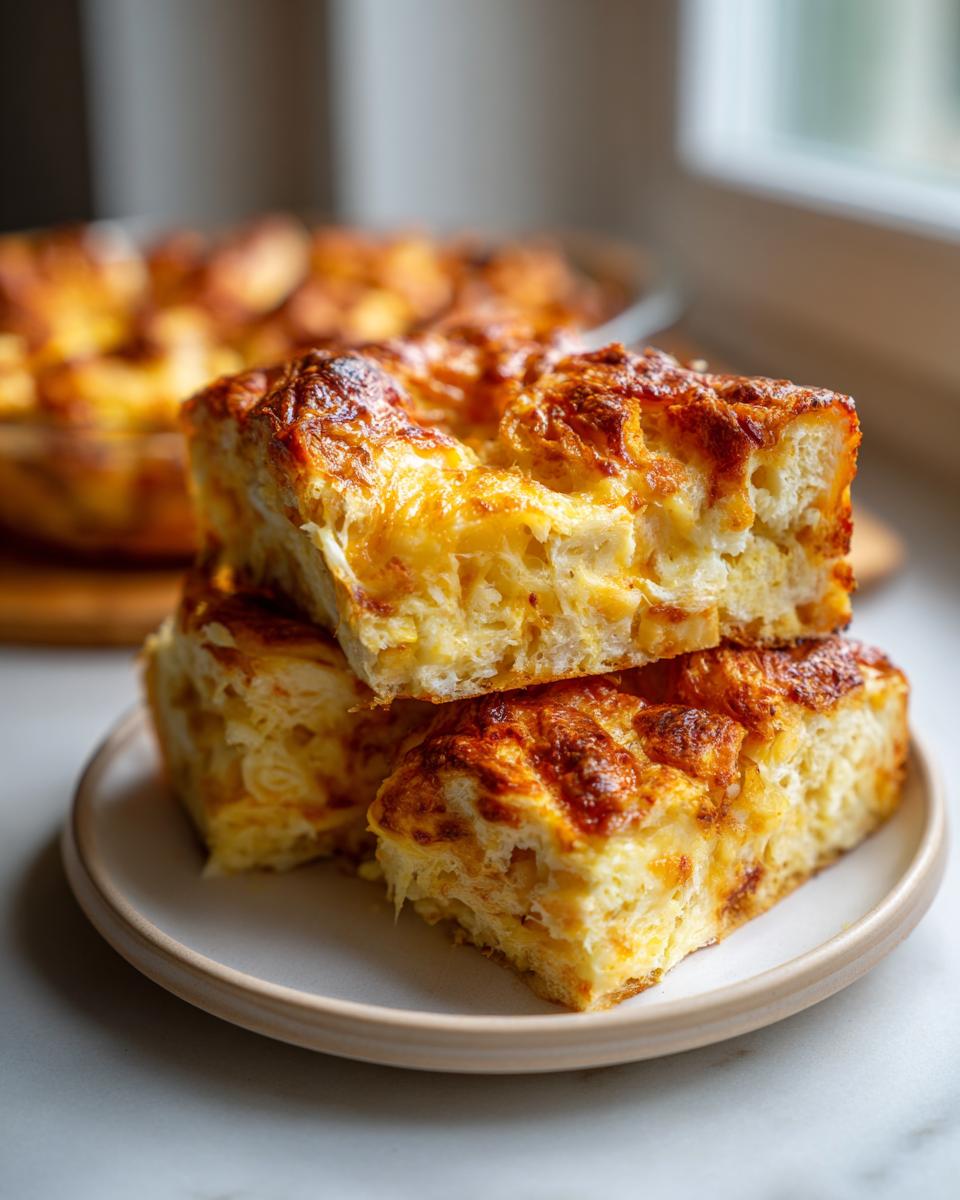 Three stacked squares of golden-brown Croissant Breakfast Casserole on a small plate.