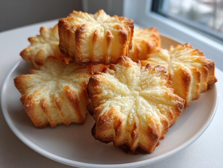 A close-up of several golden-brown, star-shaped butter cookies piled on a white plate.