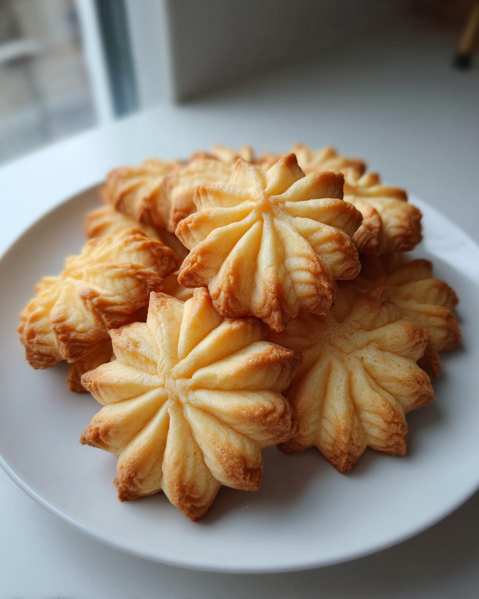 A close-up of several golden-brown, star-shaped butter cookies stacked on a white plate.