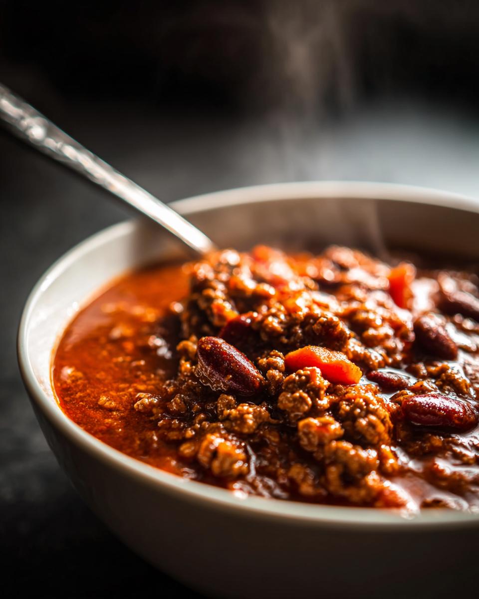 Close-up of a steaming white bowl filled with rich, hearty chili featuring ground meat and kidney beans.