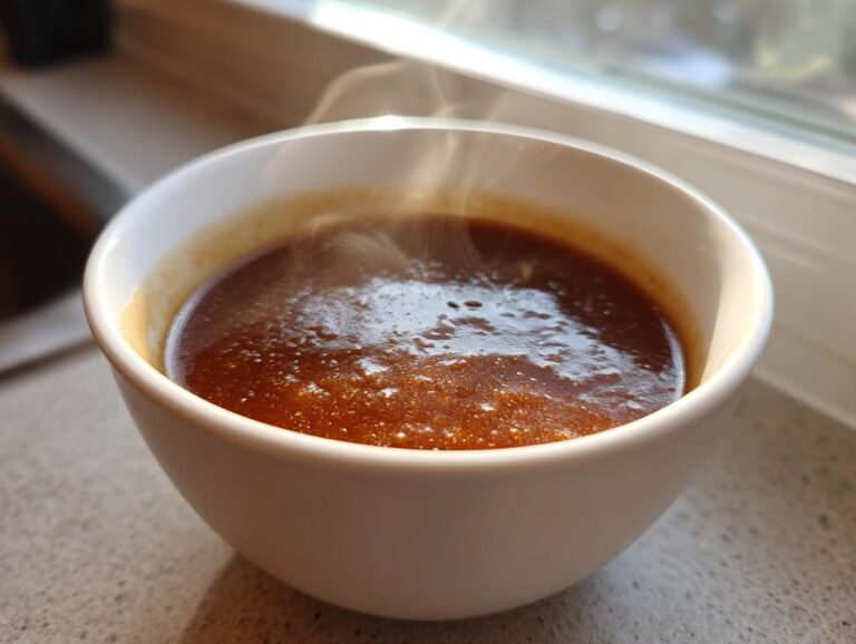 Close-up of rich, steaming homemade brown gravy served in a small white bowl near a window.