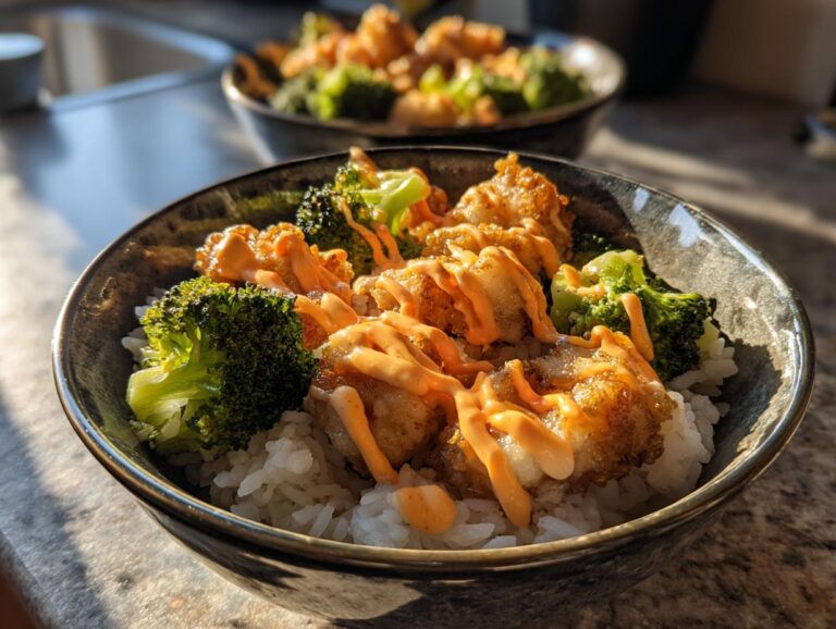 Close-up of a sticky chicken rice bowl featuring crispy chicken, bright green broccoli florets, and a drizzle of orange sauce.