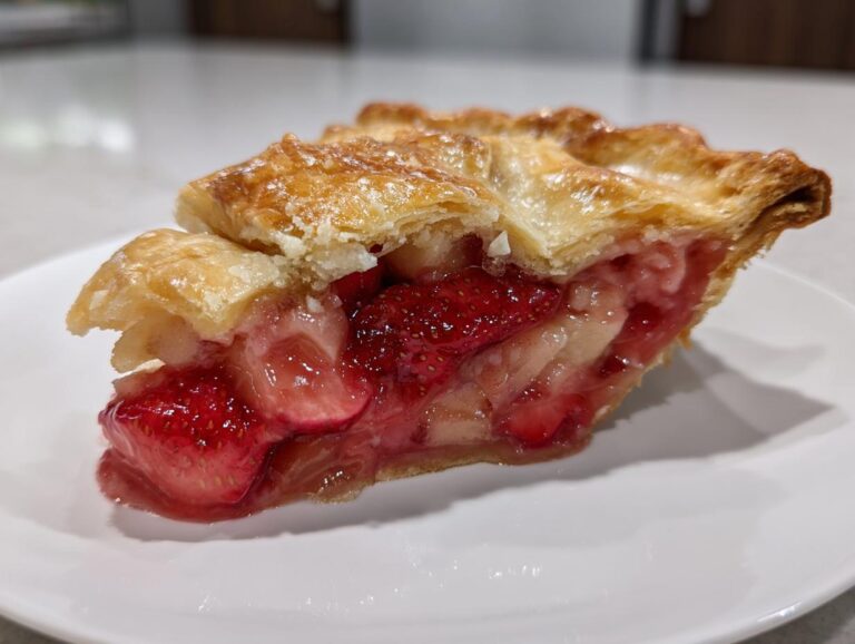 Close-up of a slice of strawberry rhubarb pie showing juicy filling and a golden, flaky top crust.