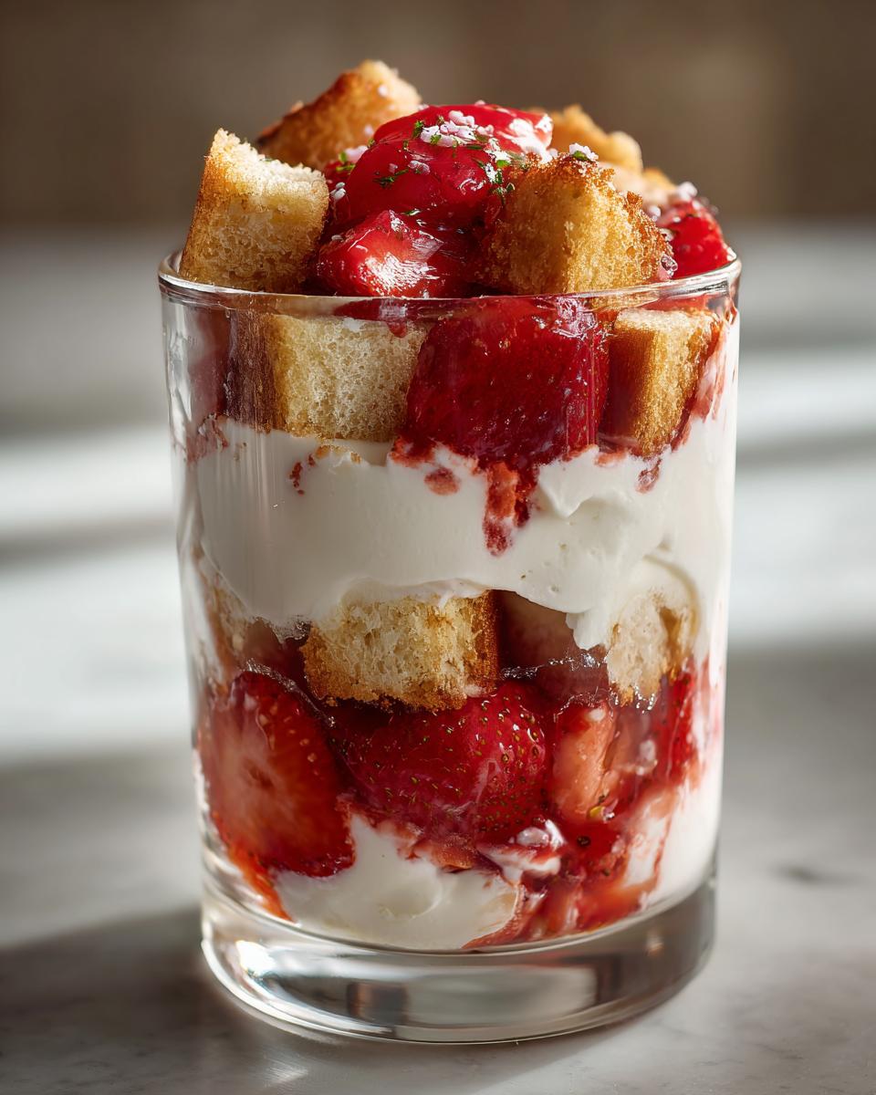 Close-up of a layered strawberry shortcake trifle in a clear glass with cake, cream, and macerated strawberries.
