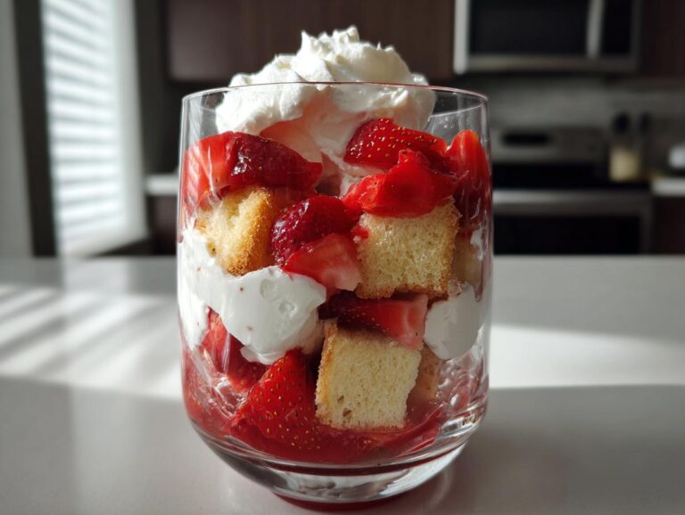 Close-up of a single serving strawberry shortcake trifle layered with cake, macerated strawberries, and whipped cream in a glass.
