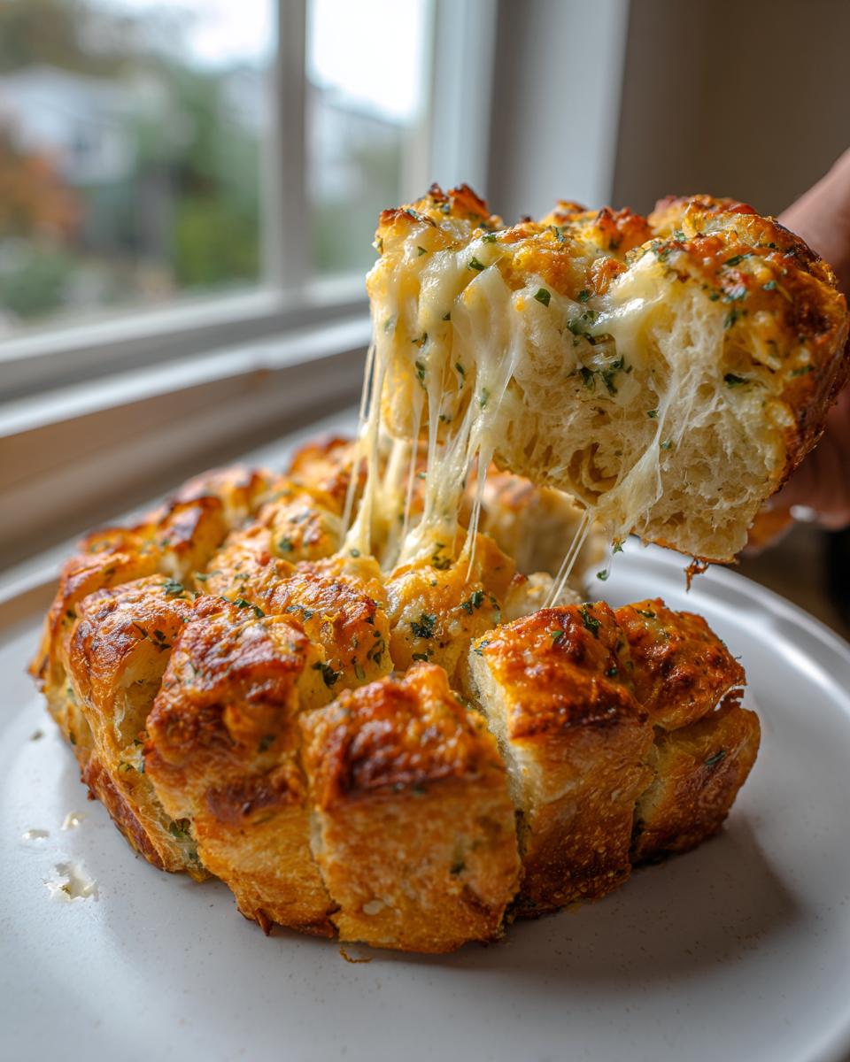 A piece of baked cheese bread is lifted, showing long, gooey strings of melted cheese pulling away from the rest of the cheese bread loaf.
