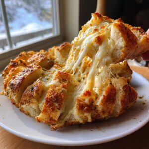 A piece of baked cheese bread is being pulled away, showing long, irresistible cheese strings.