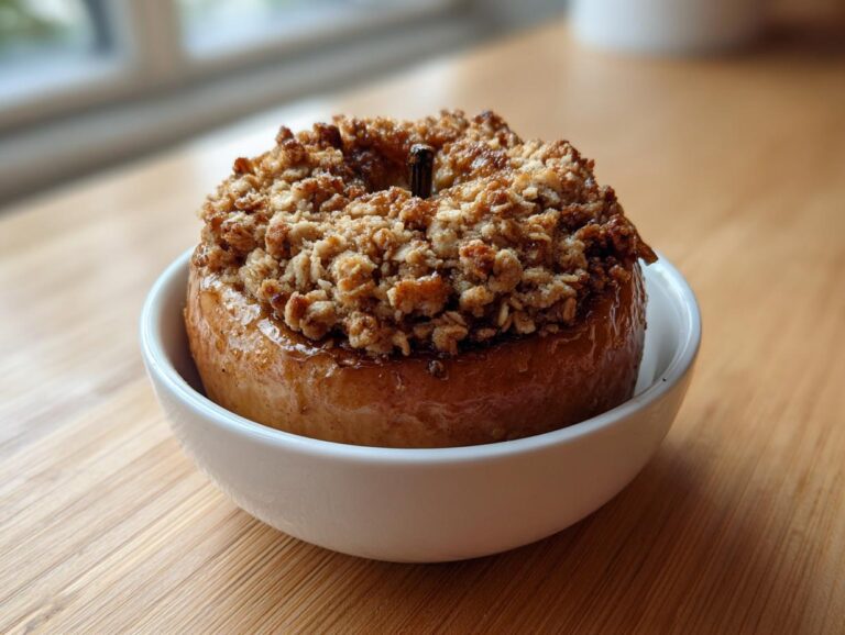 Close-up of a single baked apples dessert topped with a crunchy oat crumble, served in a white bowl.